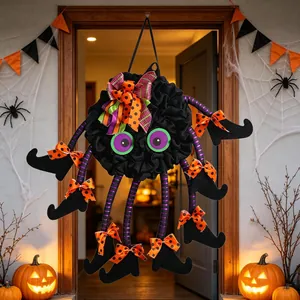 Παιχνιδιάρικο μαύρο στεφάνι αράχνης Halloween για την πόρτα με πολύχρωμους πουά φιόγκους