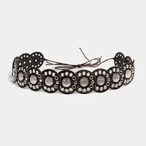 Ethnic style wide waist belt with hollow metal coins and brown leather