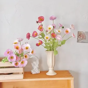 Papavero Artificiale in Tessuto Satinato Decorazione Floreale Con Ramo Floccato per Casa Matrimonio Soggiorno Composizione