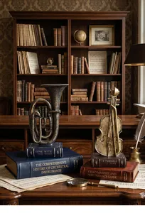 A detailed view of retro metal musical instrument ornaments on antique book bases