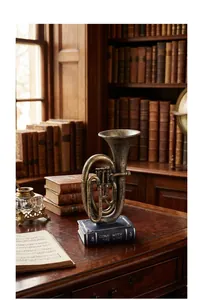 Close-up of vintage musical instrument ornament with book-shaped base on wooden desk