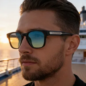 Side view of men's square sunglasses with blue gradient lenses on a cruise deck