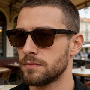 Model wearing stylish square sunglasses with dark lenses in an outdoor street setting