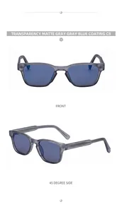 Detailed views of matte gray square sunglasses with blue-coated lenses for women