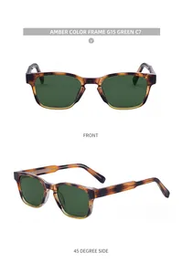 Detail of square amber frame sunglasses with green G15 lenses from multiple angles