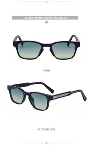 Front and side view details of stylish women's square sunglasses with black frames and gradient lenses
