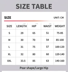 Size chart for high-waist peach lift yoga shorts detailing length hip and waist measurements