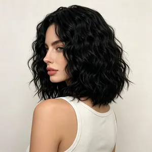 Perruque courte noire ondulée bob pour femme avec boucles naturelles en cascade