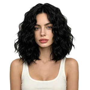 Perruque synthétique courte et ondulée noire élégante pour femme