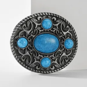Western vintage ovale riemgesp met turquoise inlegwerk en bloemengravure voor dames