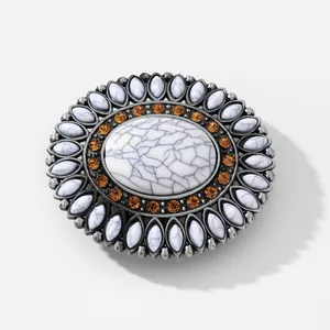 Vintage Boheemse ovale riemgesp met witte marmeren steen en oranje strass-steentjes