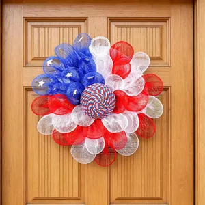 Patriotic red white and blue mesh wreath with stars for USA Independence Day door decor.