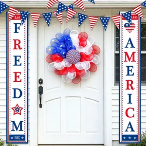 Patriotic July 4th decoration set featuring USA flag wreath and vertical porch banners