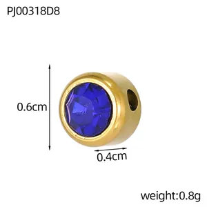 6mm stainless steel round charm with blue birthstone crystal, 0.8g weight