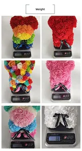 Six color variants of PE foam rose bears displayed on digital scales showing product weight.