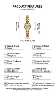 Detailed technical specifications of GEDI gold bracelet watch with quartz movement