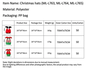 Christmas elf leg hat size chart with dimensions and weights for polyester carnival headwear