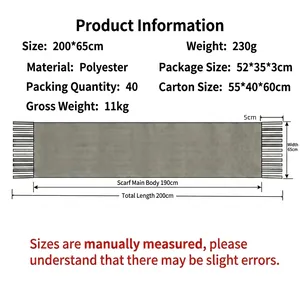 Detailed size and material specifications for the gray plaid scarf and shawl.