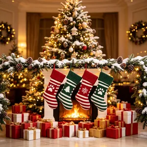 Lot de 4 chaussettes de Noël tricotées pour animaux avec motifs pattes et flocons