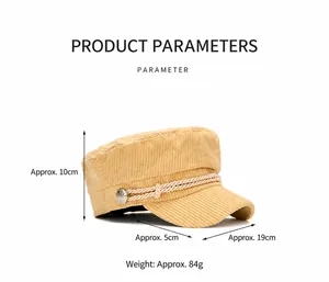 Yellow corduroy navy cap detail showing product dimensions 10cm height and 84g weight