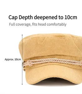 Close-up showing the 10cm depth measurement of a mustard corduroy navy flat top cap
