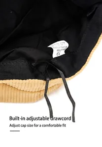Close-up detail showing the built-in adjustable drawstring inside a corduroy flat top hat