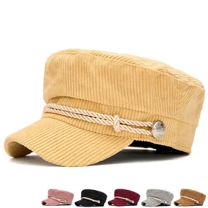 Corduroy Baker Boy Hat Retro Flat Top Navy Cap With Woven Rope And Metal Button Winter Autumn Warm Fashion Headwear