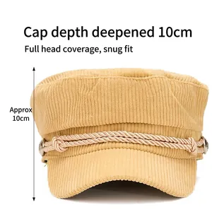Beige corduroy flat top naval cap with decorative rope for autumn and winter seasons