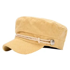 Solid color yellow corduroy navy hat with decorative rope for women minimalist style