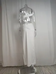 Back view of a white one-shoulder maxi dress with side split on a mannequin