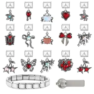 Stainless steel DIY charm modules set with butterfly and heart designs for bracelets.