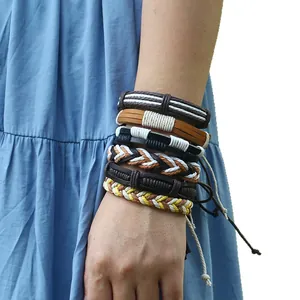Vintage handmade braided leather bracelet set for men, 6-piece stackable brown wristband