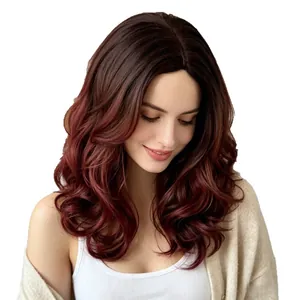 Elegante parrucca lunga ondulata in fibra sintetica con sfumatura ombre bordeaux 1BT