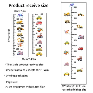 Detailed size guide for transportation theme growth chart wall stickers for kids