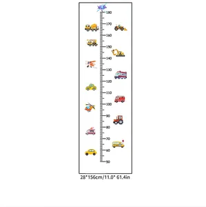 Detailed view of kids height growth chart with colorful transportation vehicle stickers