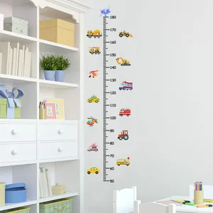 Cartoon transport vehicle theme kids height growth chart wall sticker in room setting.