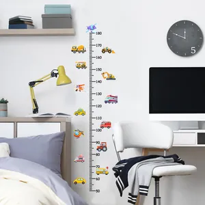 Kids transport height chart wall sticker with colorful vehicles in a cozy bedroom scene.