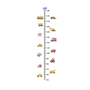 Children's growth height wall sticker with colorful cartoon transport vehicle motifs