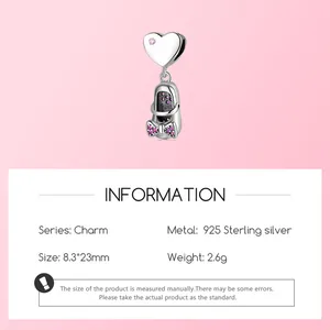 Détails du pendentif en argent 925 coeur et chaussure avec dimensions et poids