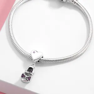 Charm élégant en argent S925 cœur et chaussure de fille avec zircon rose pour bracelets DIY