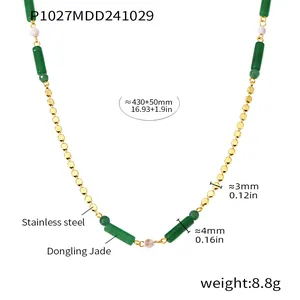 Vue détaillée du collier en jade Dongling avec perles en acier inoxydable et dimensions.