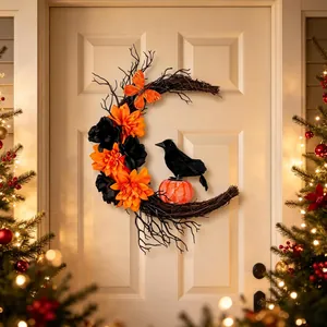Halloween Moon Wreath With Black Crow And Orange Pumpkin Gothic Decoration For Front Door Wall Window Party Supplies