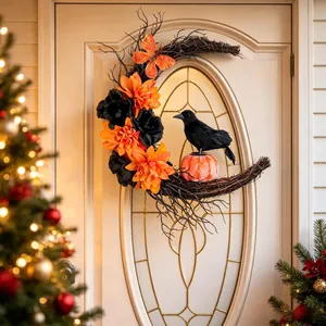 Handcrafted Halloween moon wreath with a black crow, pumpkin, and orange flowers