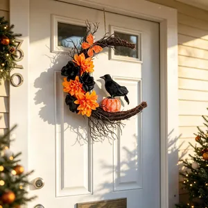 Halloween crescent moon wreath with black crow and orange faux flowers for front door