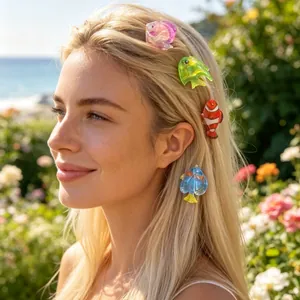 Lifestyle view of model wearing multiple colorful ocean fish hair clips in blonde hair