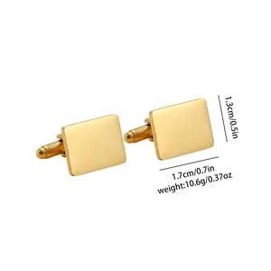 Close-up of gold polished rectangular cufflinks with size and weight measurements