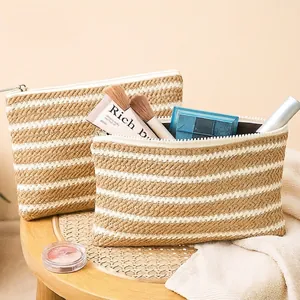 Striped Woven Makeup Bag Lightweight Portable Cosmetic Pouch Zippered Travel Toiletry Organizer Handheld Vintage Style Women