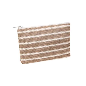 Striped woven cosmetic pouch with beige and white textures for travel makeup storage
