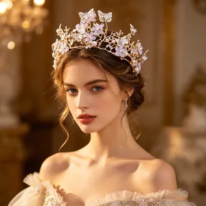 European Style Bridal Wedding Tiara Crown Butterfly Flower Rhinestone Artificial Pearl Alloy Headband Hair Accessories For Women
