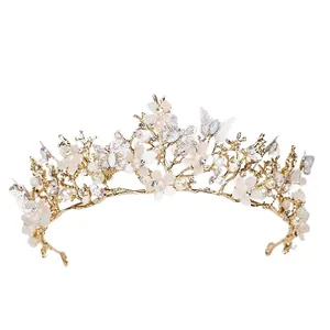 Elegant bridal crown tiara with butterflies, pearls and rhinestones on gold frame